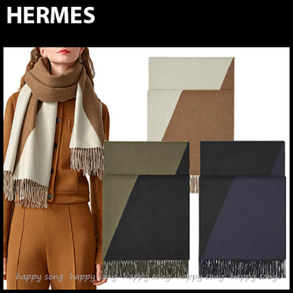 HERMES◆100% コピーカシミア ２トーン ストールWJ07