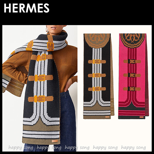 HERMES◆ コピーギフトにも カシミア ロゴ マフラー cashmere mufflerWJ1