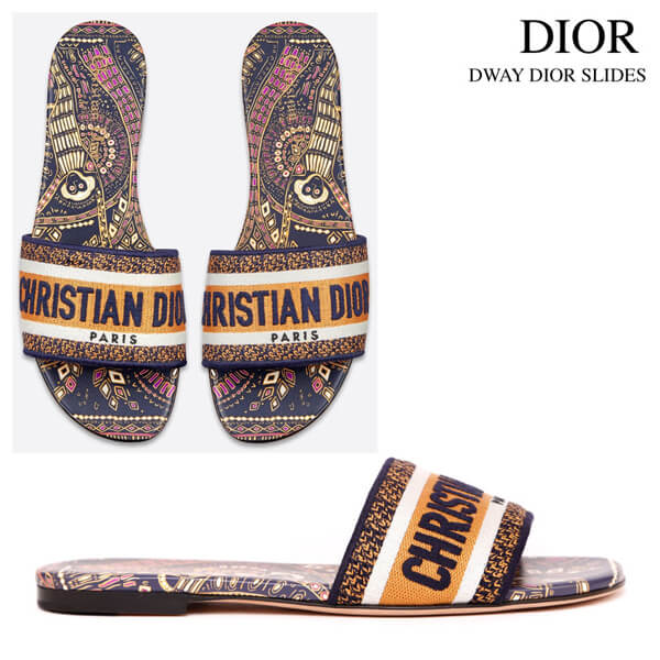 ディオール サンダル 偽物 DIOR Dway Dior Animals Embroidered Cotton Slide KCQ306APE_S77B