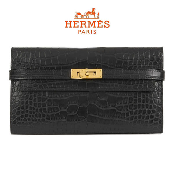 入手困難 HERMES Kelly コピーマットアリゲーター ブラック x ゴールドN9B53