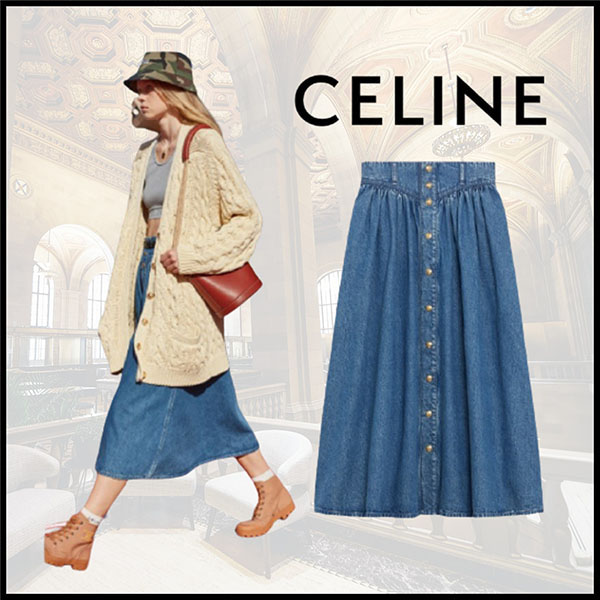 【CELINE】スーパーコピー プレーリー/ミディ丈/スカート/デニム/フロントボタン 2S108459N.07UO