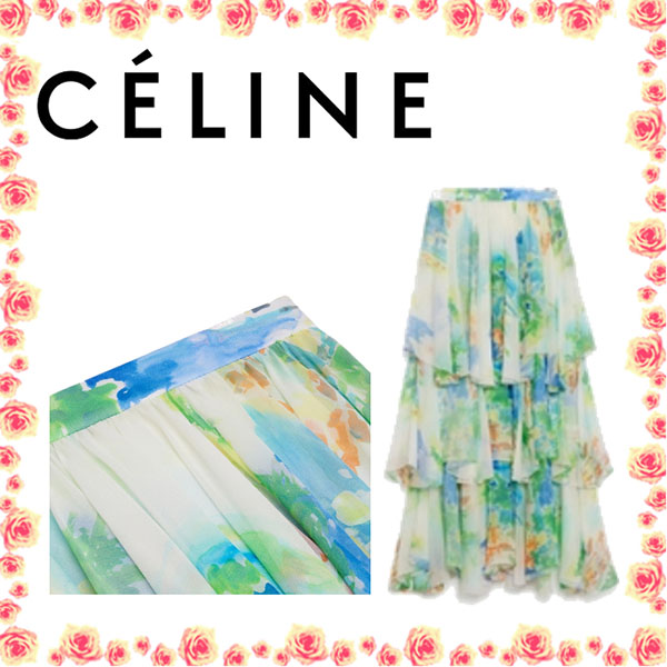 ☆CELINE☆コピー フリル付きミディスカート / シルクジョーゼット 2J316300N.14ML