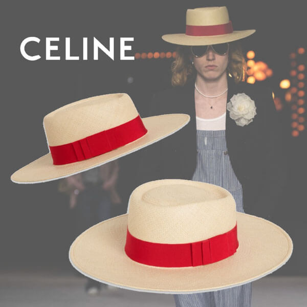 20ss《CELINE/セリーヌ》パナマ ストローハット 偽物 リボン 縁９cm